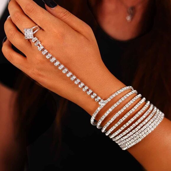 Rhinestone Silver Hand Chain Bracelet Jewelry with Adjustable Link Chain - Picture 7 of 7